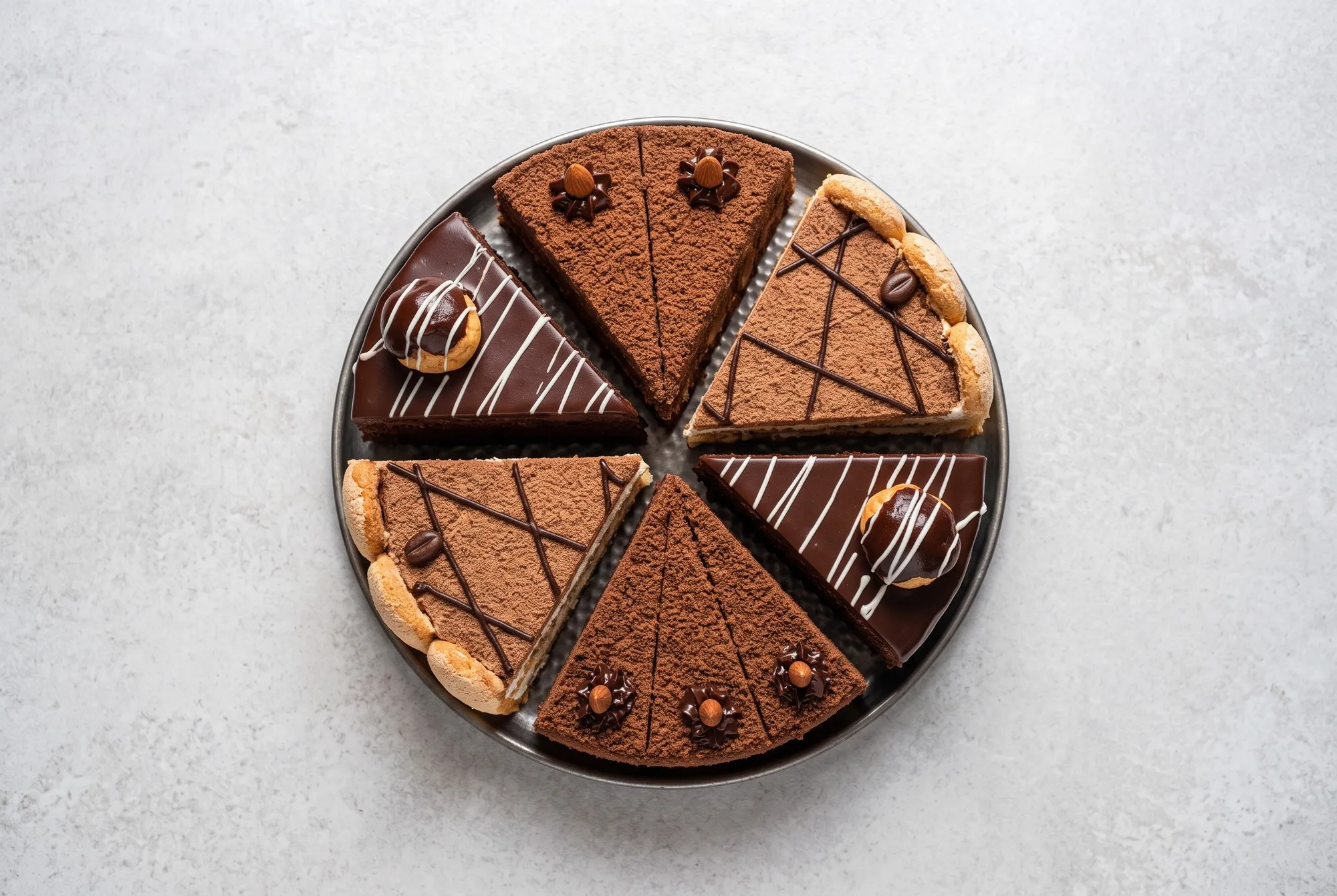 Fatias de torta chocoamêndoa, tiramisu e bolo profiterolles arranjadas num prato
